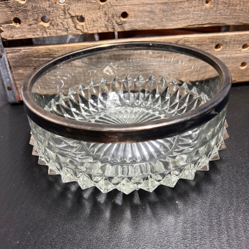 VTG MCM Cut Glass Bowl with Silver Rim Diamond Point Sunburst Pattern 7.75 Inch